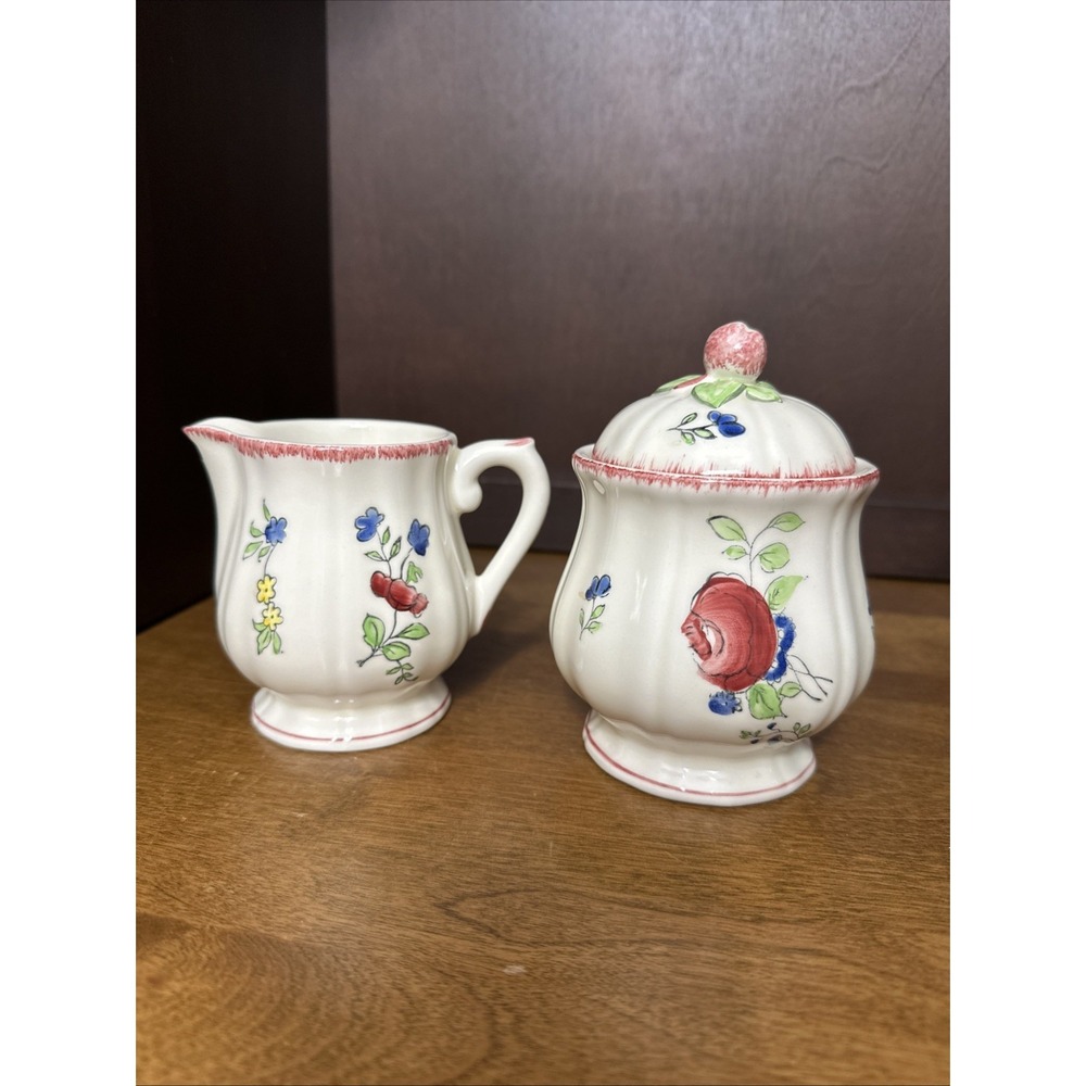 Gien Creamer  & Sugar Bowl Lorraine Rose Red Hand Painted France